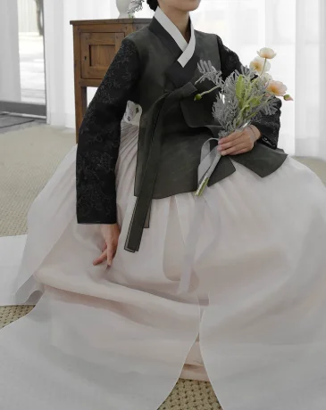 Visitor wearing Korean wedding hanbok in Busan