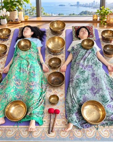 Visitors meditating during a singing bowl in Haeundae, Busan