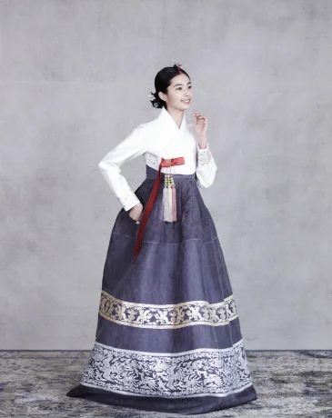 Visitor wearing Korean wedding hanbok in Busan