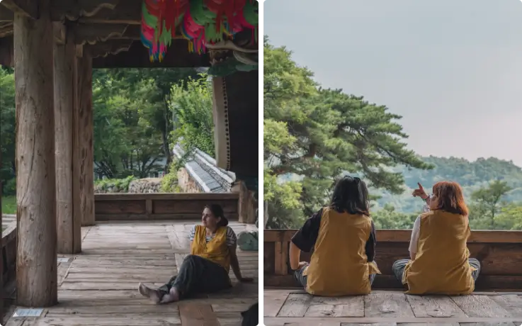 Guests participating in a temple stay program at Bongjeongsa Temple with mountain scenery