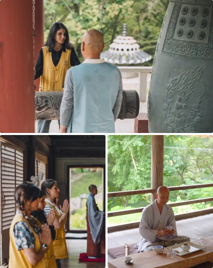 Guests participating in medication, prayer and tea time with a monk at Bongjeongsa Temple with mountain scenery