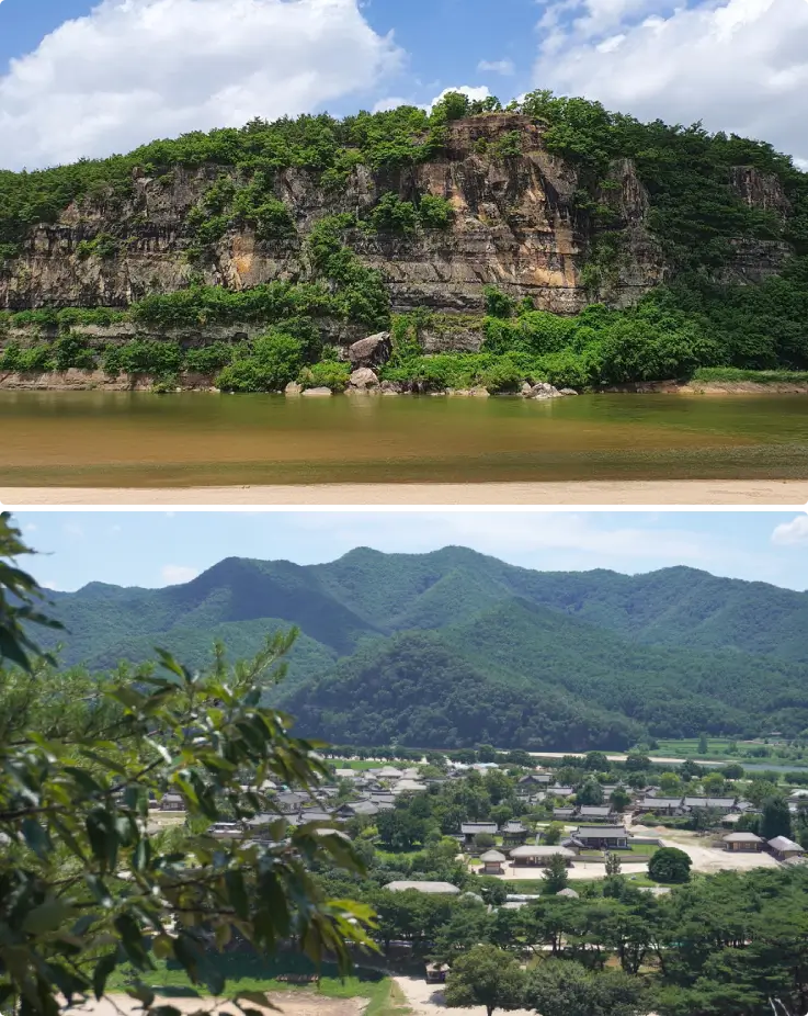Buyongdae Cliff overlooking Hahoe Folk Village and Nakdong River