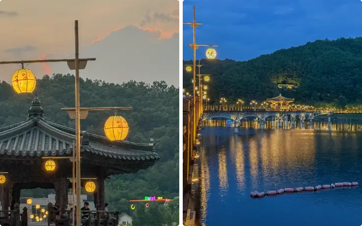 Wolyeonggyo wooden bridge spanning the river in Andong with reflections in the water