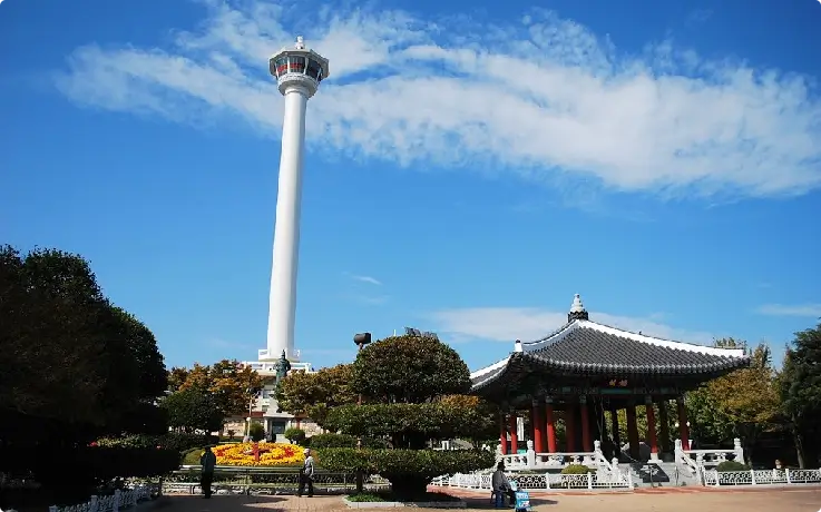 Busan Tower and landscaped grounds at Yongdusan Park.