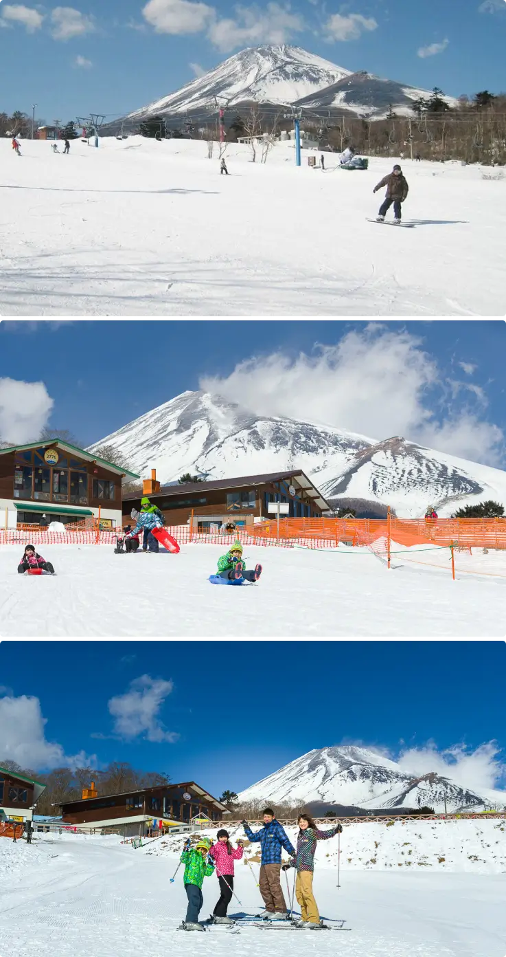 Skiers and snowboarders enjoying the snowy slopes at Fujiyama Snow Resort Yeti with Mount Fuji in the background