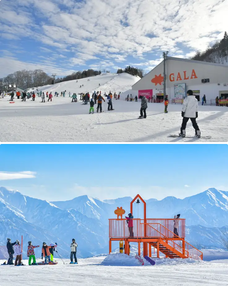 Wide panoramic view of GALA Yuzawa Ski Resort covered in snow.