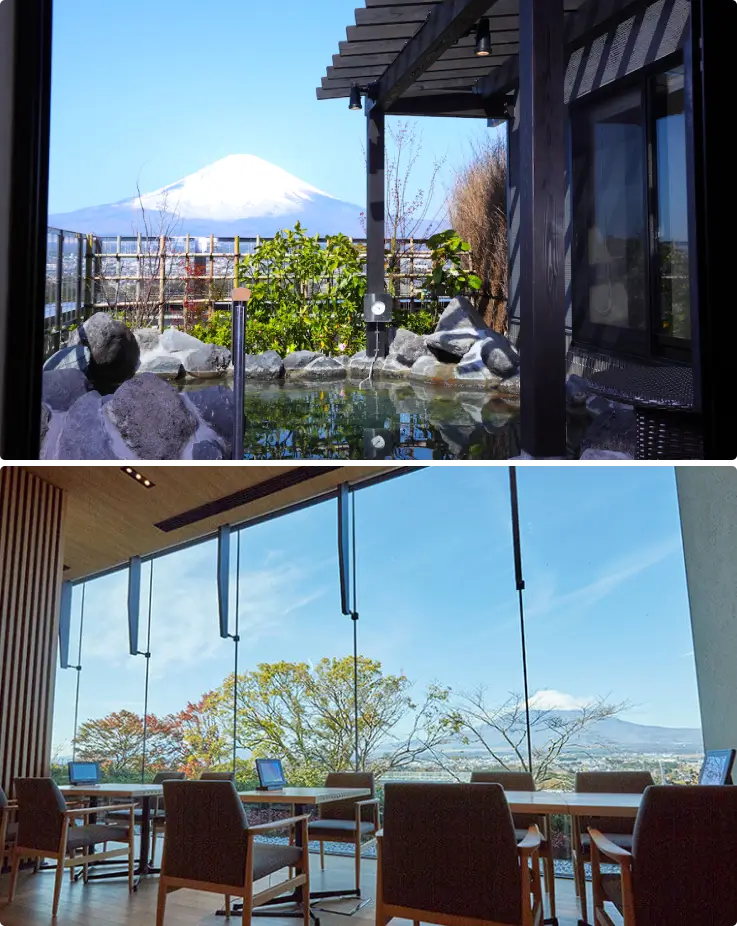 Outdoor hot spring baths at Konohananoyu with views of Mount Fuji