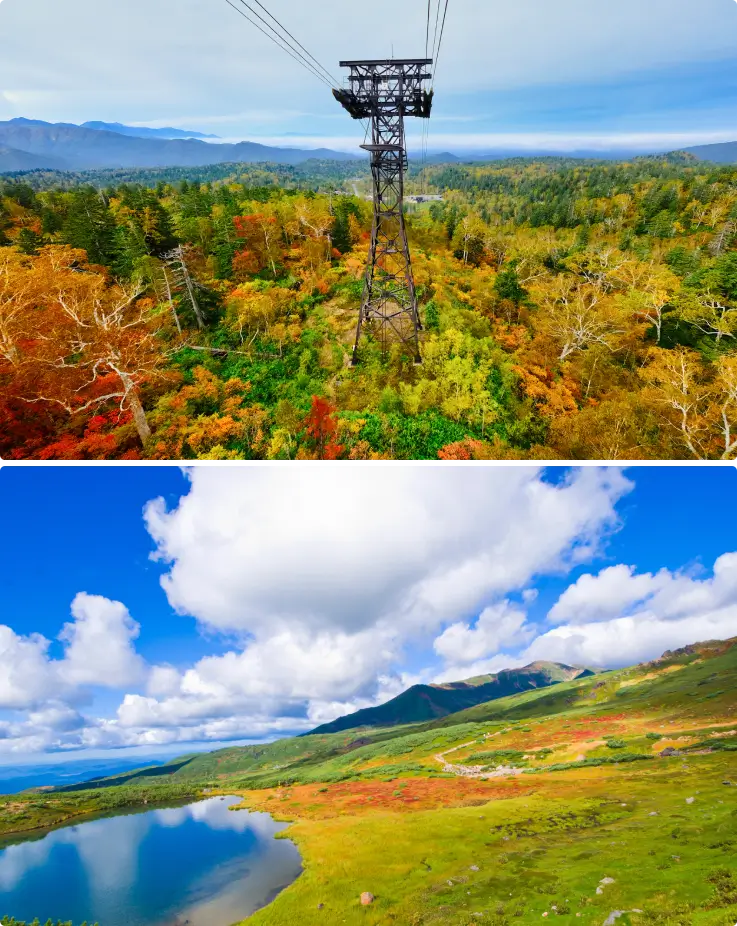 Asahidake Ropeway on the top and panoramic autumn mountain views from the ropeway on bottom