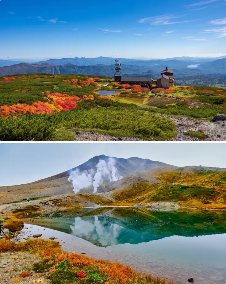 Scenic view of Asahidake on top and Sugatami Pond reflecting Asahidake on the bottom