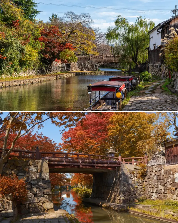 Sightseeing boat cruising along the historic Hachiman-bori Moat on top and a stone bridge at Hachiman-bori Moat on the bottom