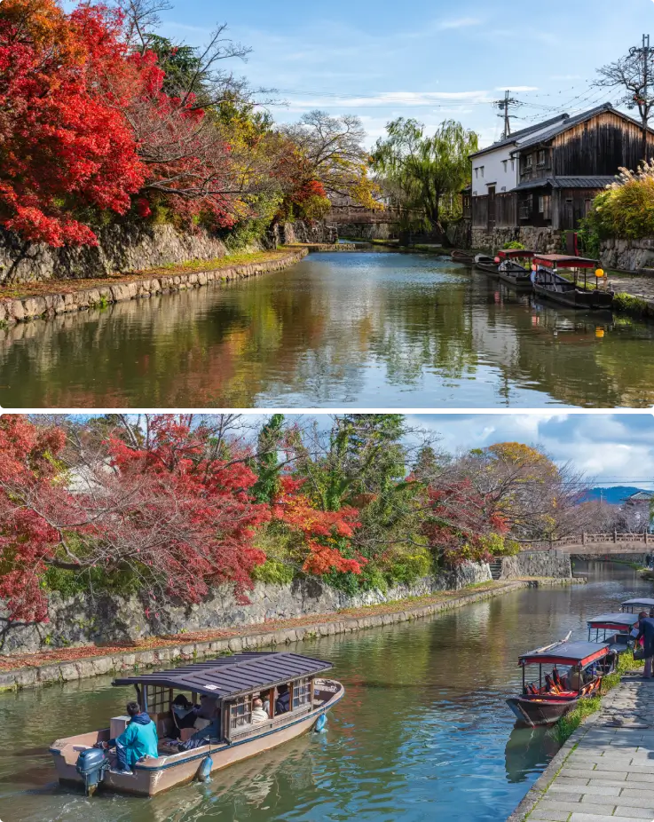 Autumn scenery along the historic Hachiman-bori Moat on top and Sightseeing boat cruising along the historic Hachiman-bori Moat on the bottom
