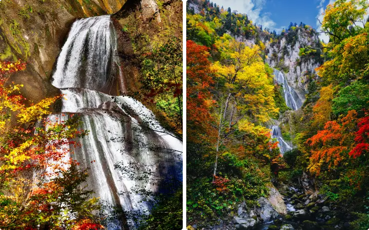 Hagoromo Falls cascading through Hokkaido's colorful autumn landscape