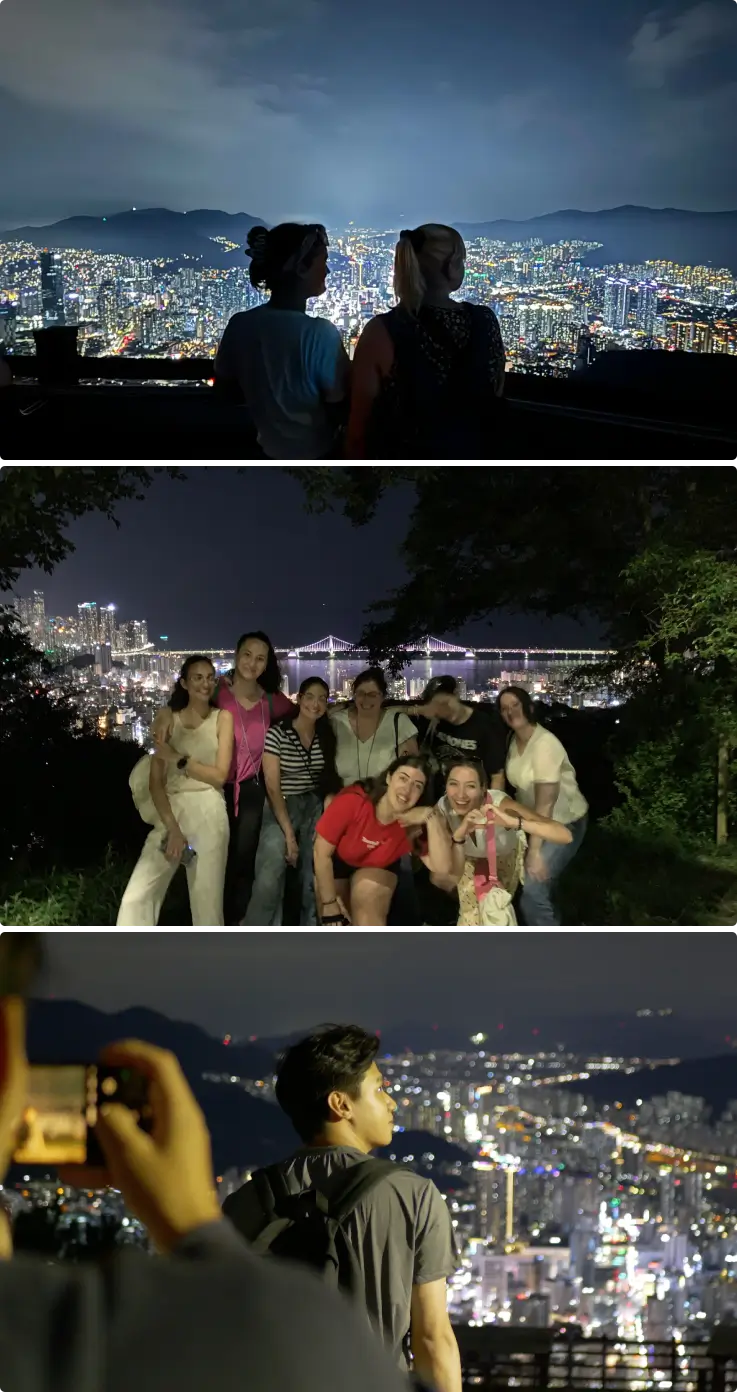 The backs of two people looking at the night view of Hwangnyeongsan on the top, a group taking a photo with the night view behind them is in the middle, and someone taking a photo with the night view as the background is on the bottom.