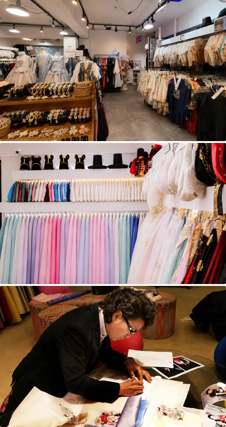 Interior de la tienda Jin Hanbok con colección de hanbok tradicional en la parte superior y media, artesano de hanbok trabajando en hanbok en la parte inferior