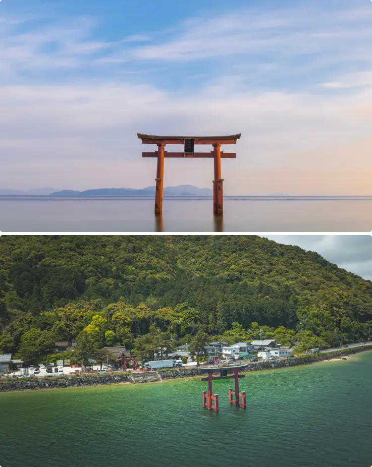 The iconic floating torii gate of Shirahige Shrine standing in the waters of Lake Biwa