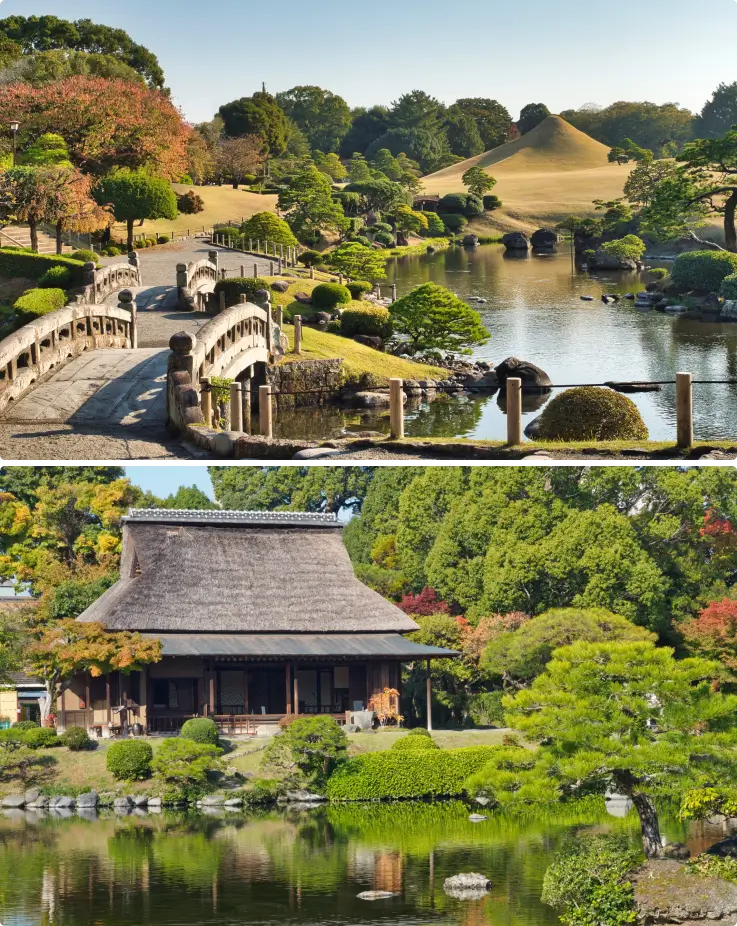 Peaceful landscape of Suizenji Jojuen Garden featuring a tranquil pond and beautifully manicured gardens