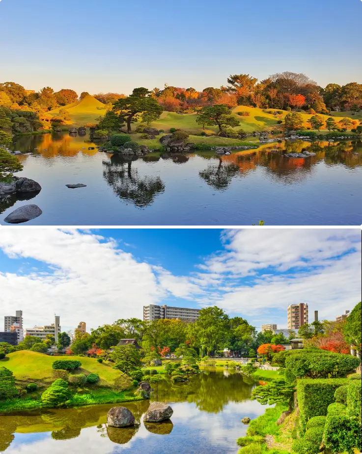 Scenic view of Suizenji Jojuen Garden, one of Kumamoto's most famous traditional Japanese gardens.