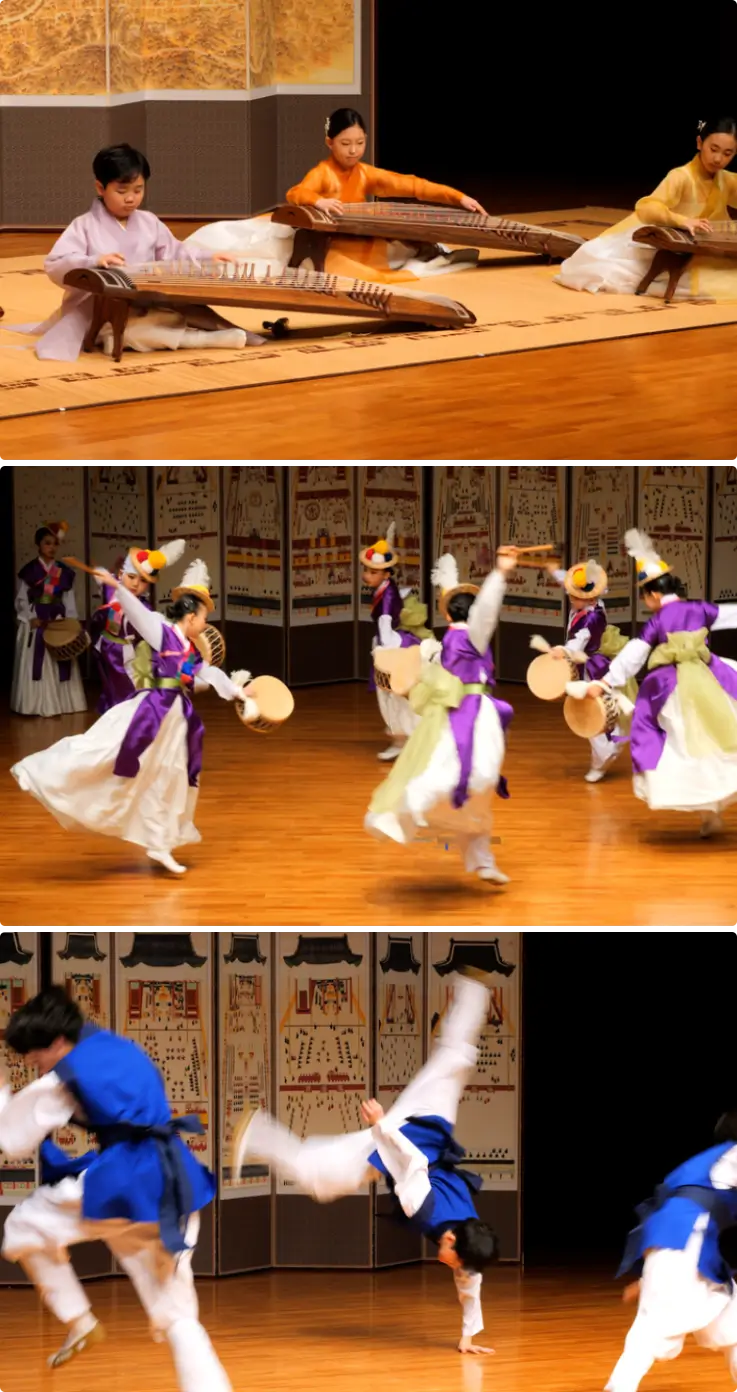 Scènes de performance du Youngjaegugakhoe mettant en vedette des performances au gayageum, la danse traditionnelle coréenne et de jeunes musiciens talentueux montrant la beauté des arts traditionnels coréens