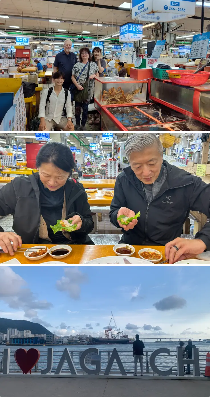 people posing at Jagalchi Market on top, a couple eating food at Jagalchi Market on middle, and the sea in front of Jagalchi Market on the bottom