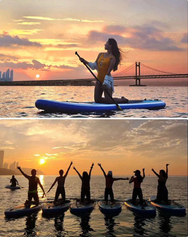 A woman rowing on top, a group of people posing against a sunrise background on the bottom