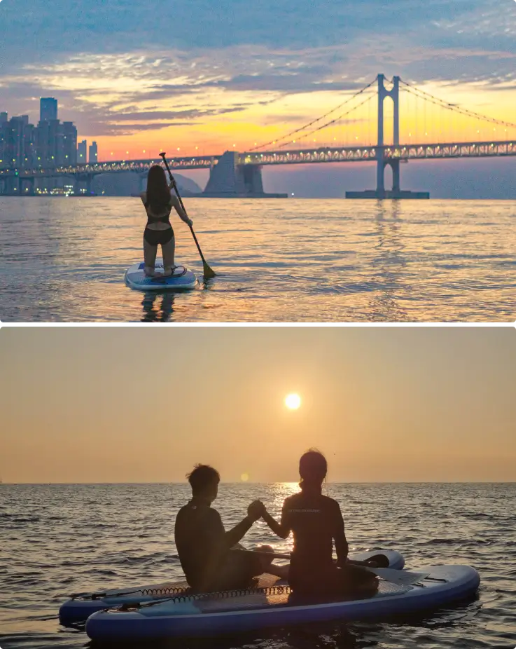 A woman rowing on top, a couple watching the sunrise on the bottom.