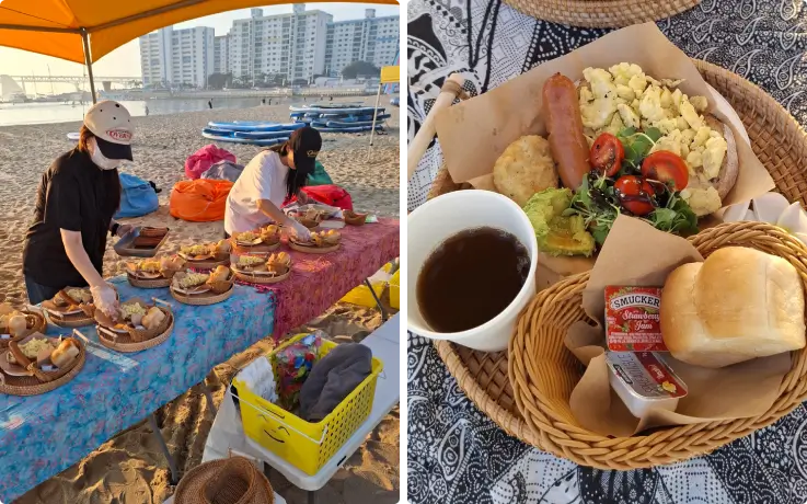 Staff preparing breakfast on the left, and breakfast served on the right