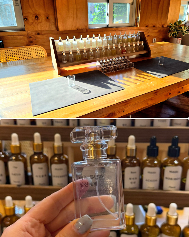 The place where perfume making takes place on top and an example of perfume