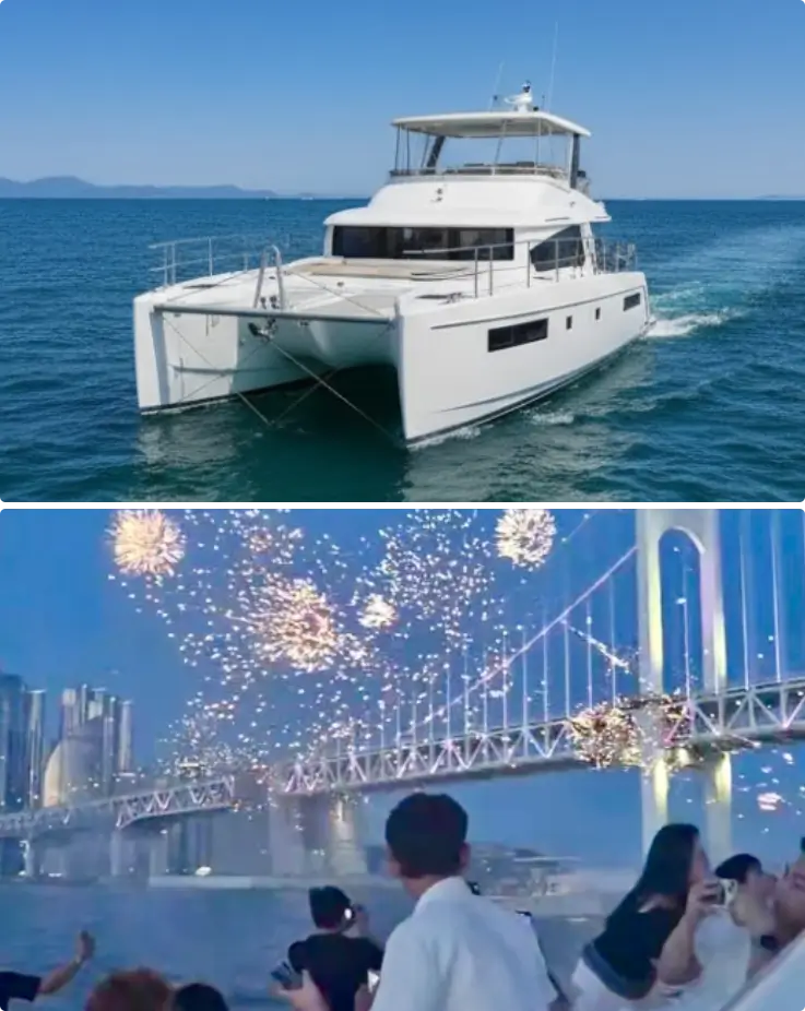 yacht floating on top, People watching fireworks on the yacht on the bottom