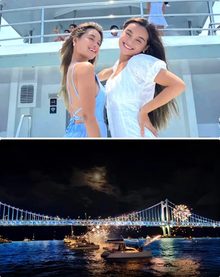 Tourists taking photos on a yacht on top, night view from the yacht on the bottom