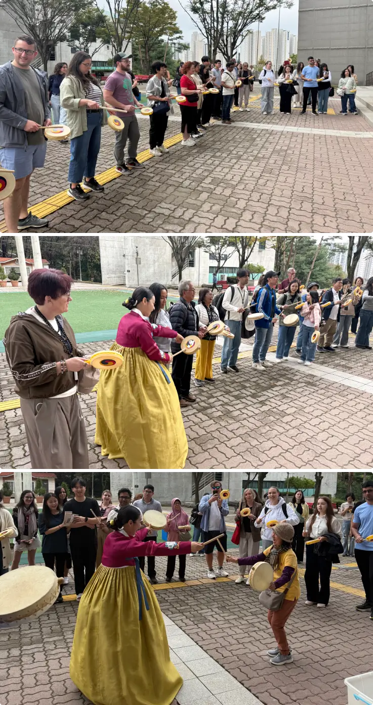 Participants lined up in a row for the Folk song experience on top, An instructor wearing a Hanbok teaching folk song in the middle and bottom
