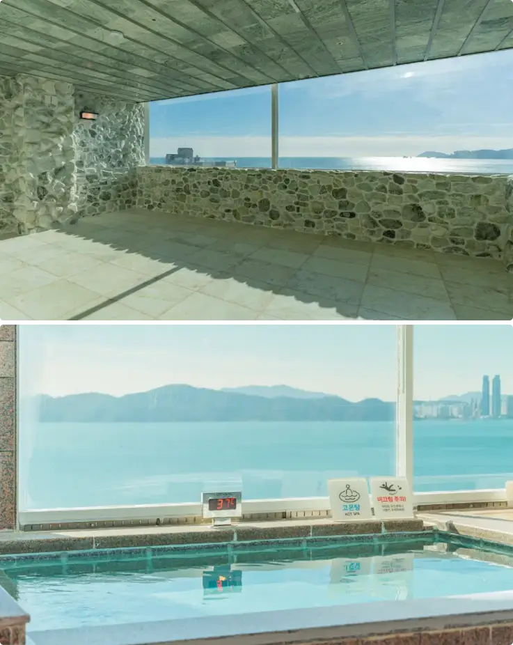 Panoramic ocean views from the HILL SPA jjimjilbang on top and stunning ocean views from the sauna bath on bottom