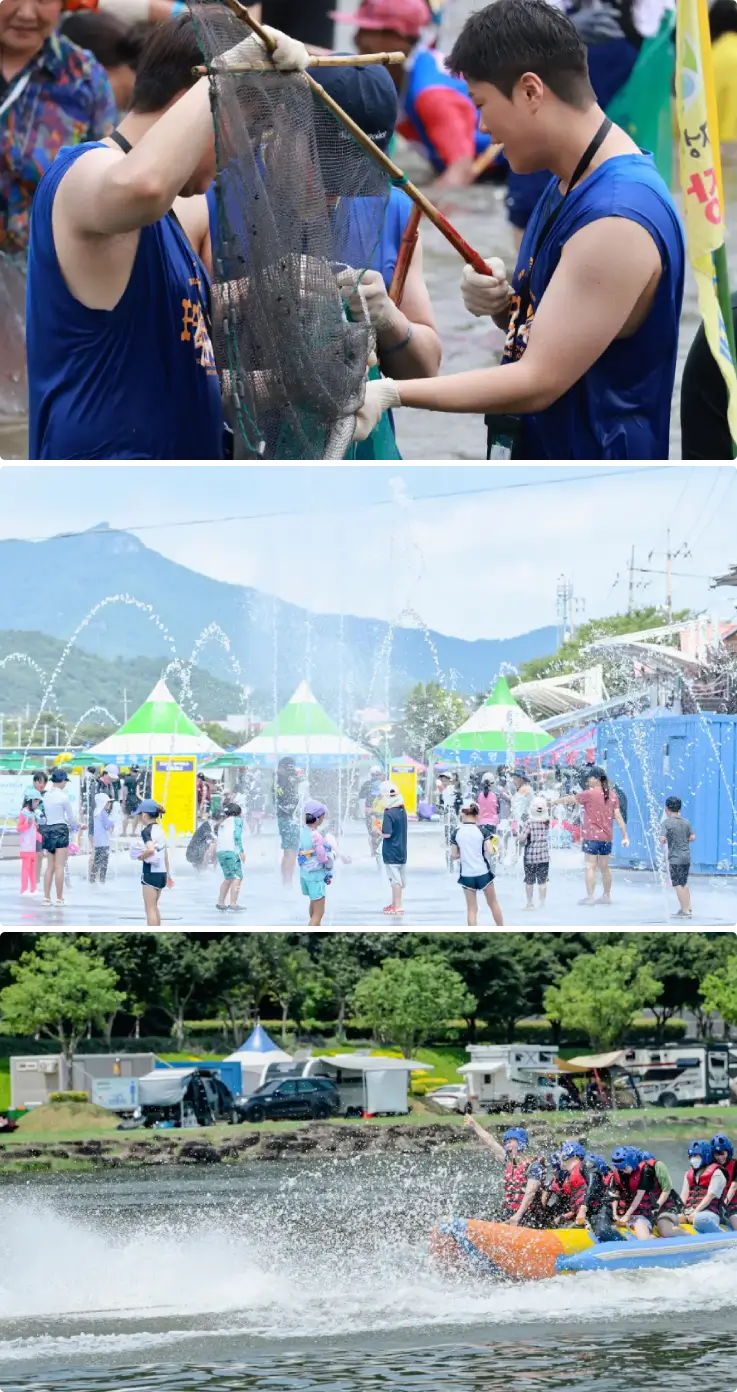 People catching fish on top, people playing in the fountain in the middle, and people boating on the river on the bottom