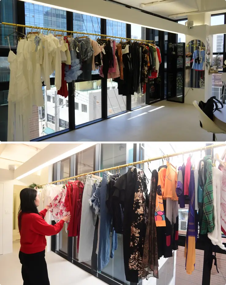 K-POP idol costumes on the top, a person choosing a K-POP idol costume on the bottom