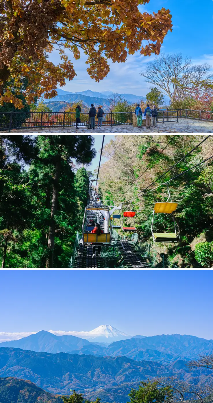 Visitors enjoying scenic views at Mount Takao on top, riding the cable car through autumn foliage on middle and overlooking the beautiful mountain landscape on the bottom