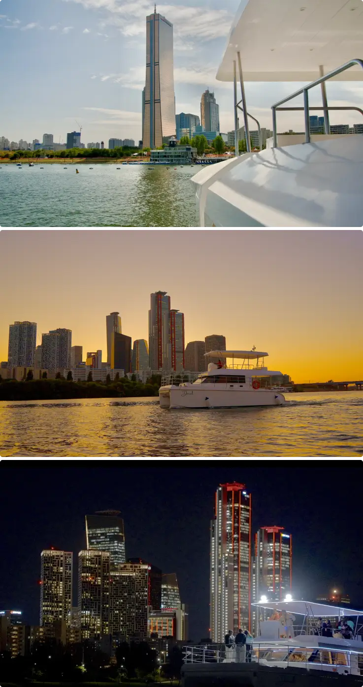 Day, evening, and night views from a yacht