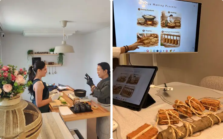 Tourists learning to cook on left and learning about meju at K-Harmony on right