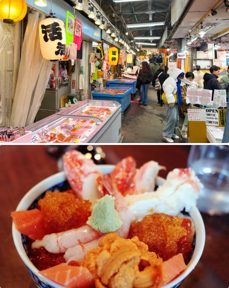 Otaru Sushi Street on top, kaisendon (seafood rice bowl) on the bottom