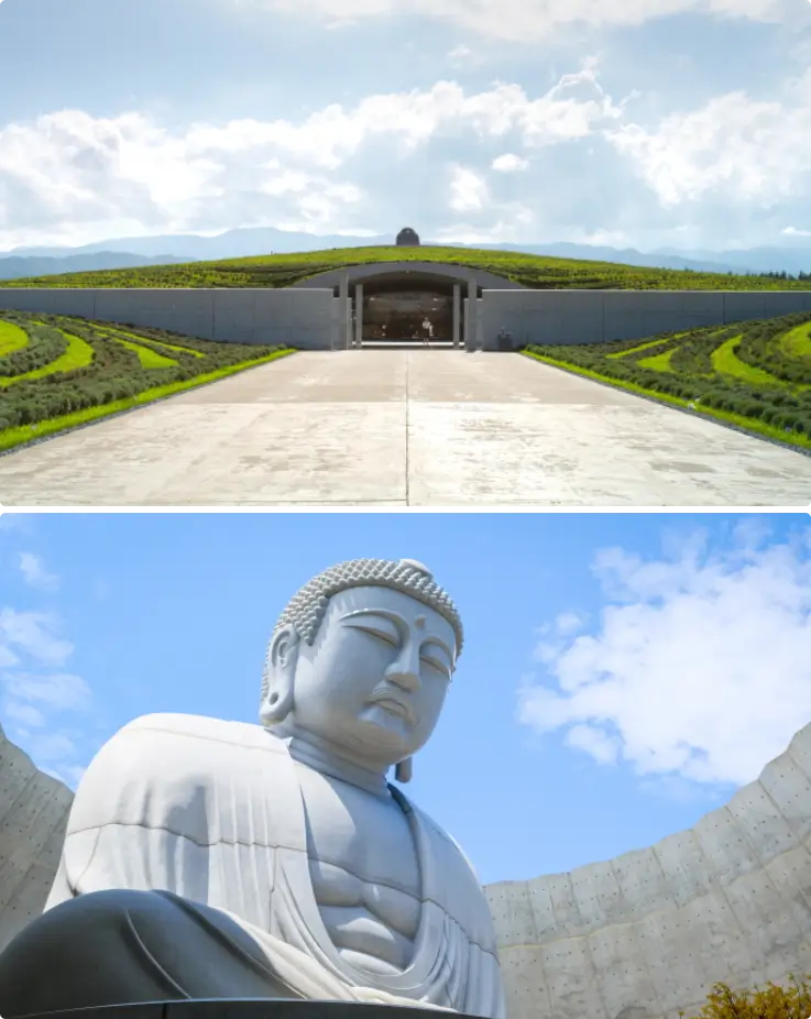 Hill of the Buddha on top, large Buddha statue at the Hill of the Buddha on the bottom