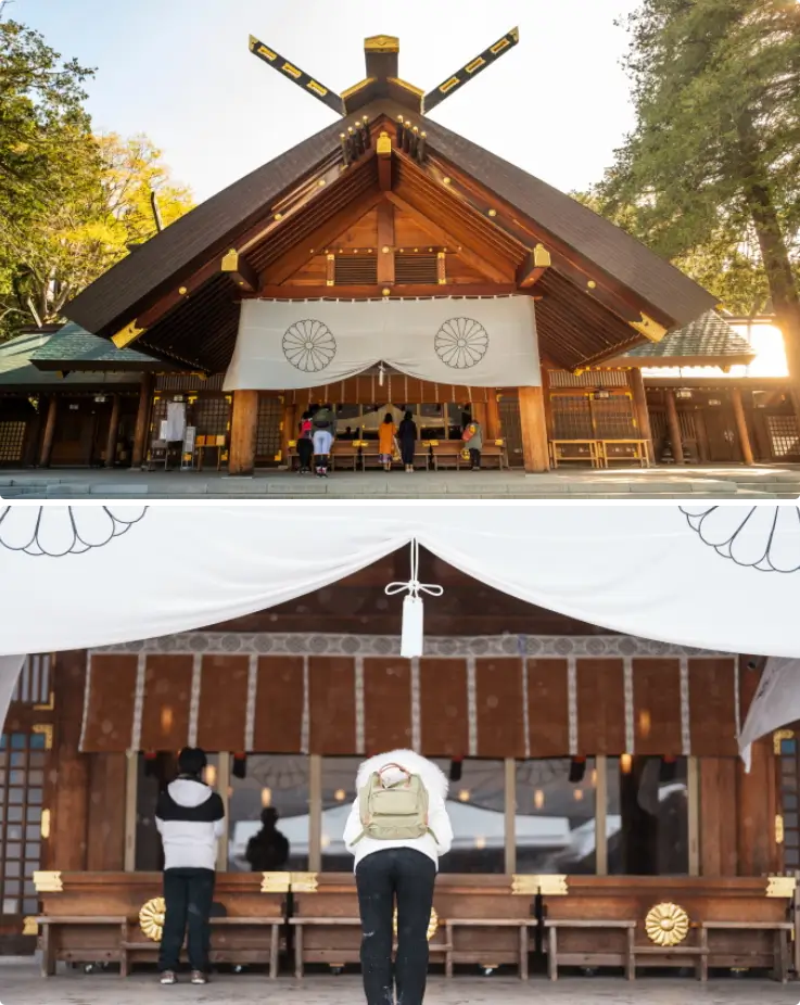 Hokkaido Shrine on top, visitors bowing at the shrine on the bottom