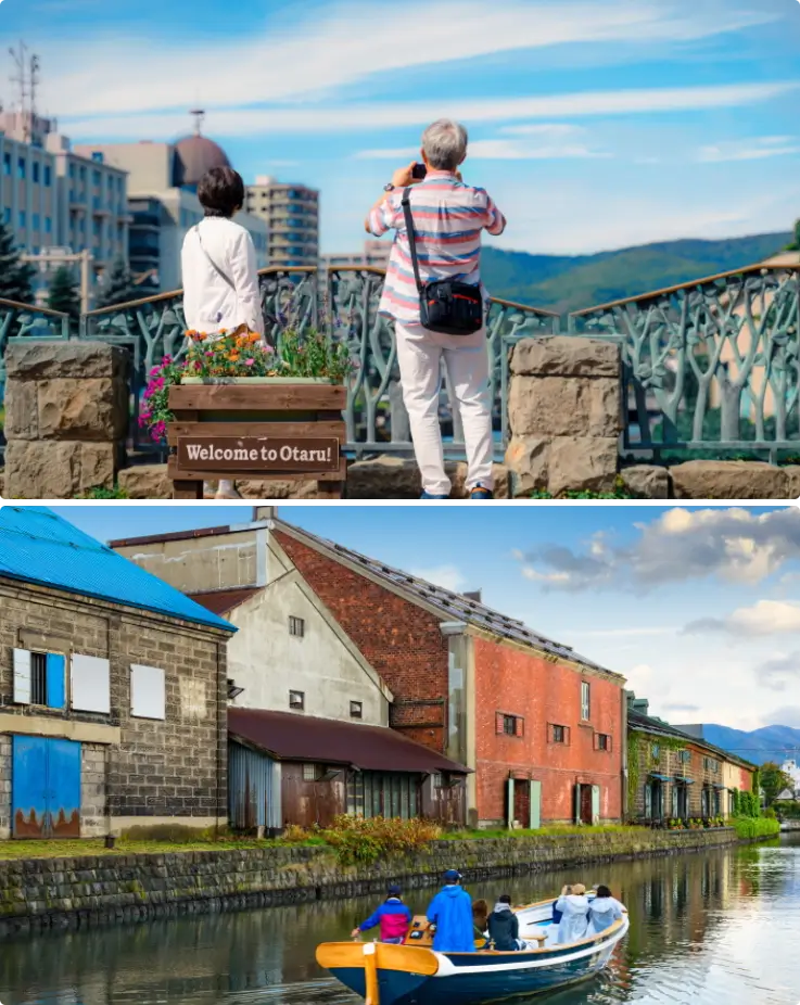 Visitors taking photos at Otaru Canal on top, people riding a boat on Otaru Canal on the bottom