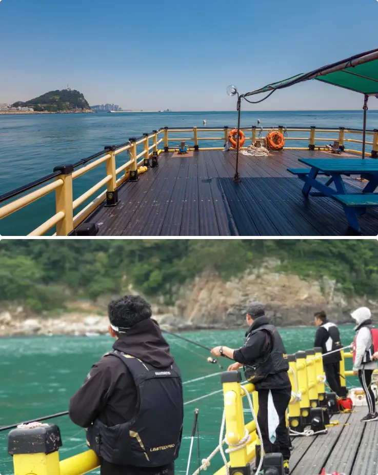 fishing spot on top, visitors fishing on the bottom