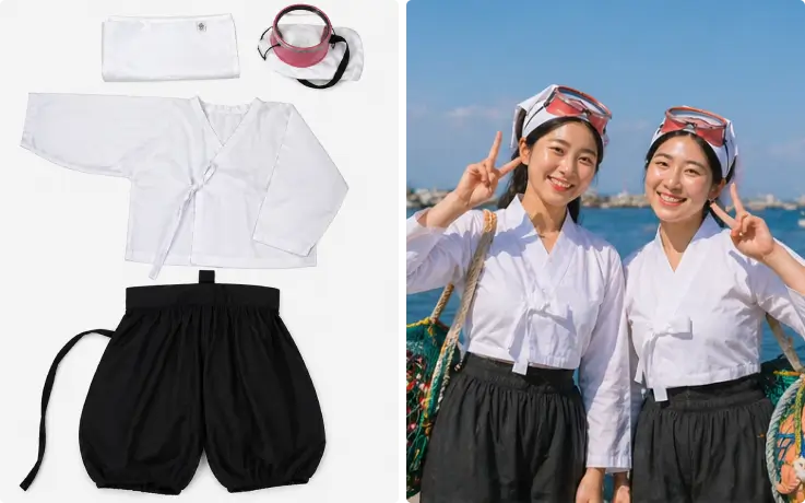 An example of a Haenyeo outfit on the left, and a photo of people trying on the outfit on the right.