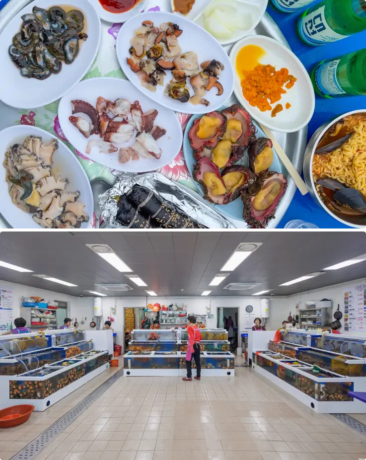 A table set with seafood on top, a place that sells seafood on the bottom