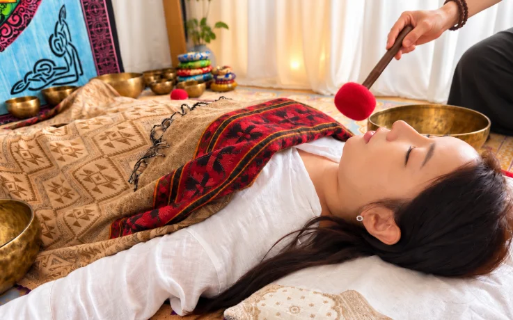 Visitor meditating during a singing bowl in Haeundae, Busan