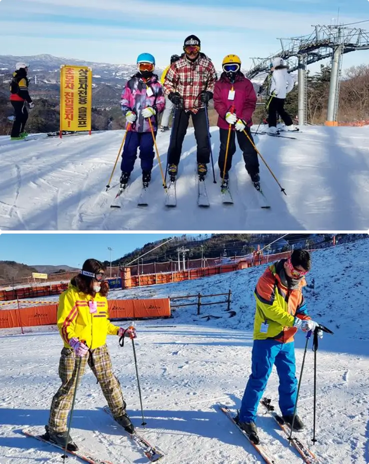 Skiers taking a group ski lesson at Alpensia Ski Resort