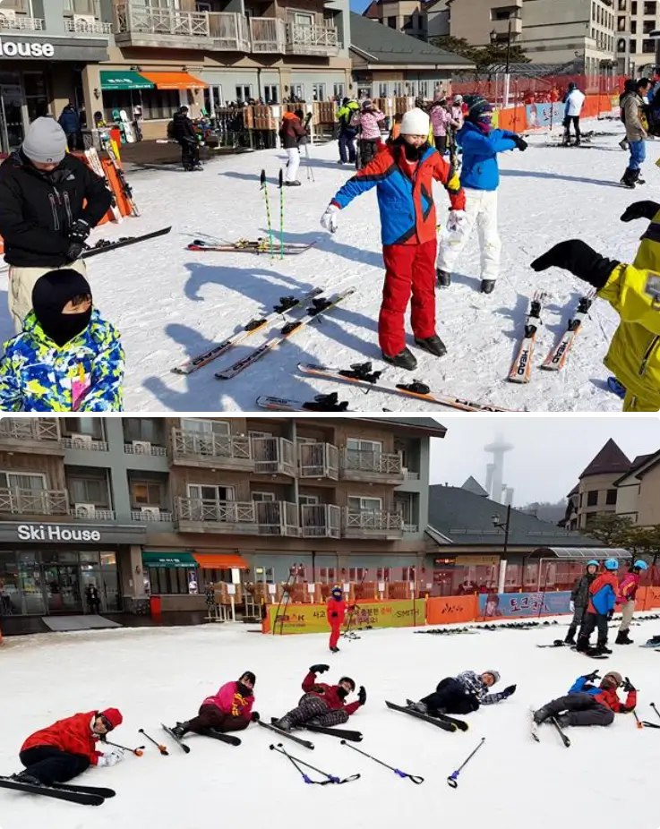 Students learning how to fall safely while skiing.