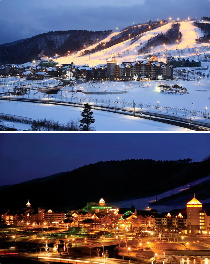 View of the slopes and lodges at Alpensia Ski Resort in the evening.