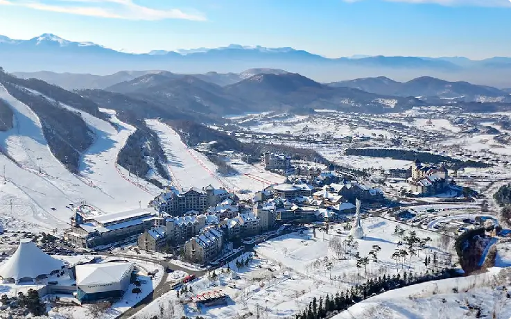 Wide view of Alpensia Ski Resort showing multiple snow-covered ski slopes.