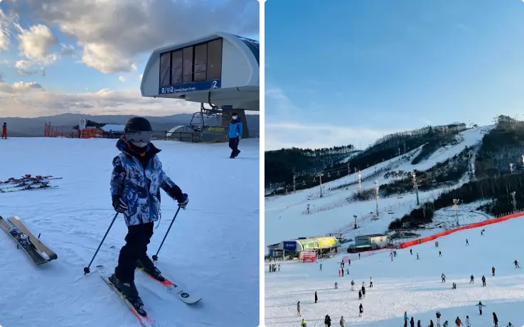 People skiing and snowboarding on pristine slopes at Alpensia Ski Resort.