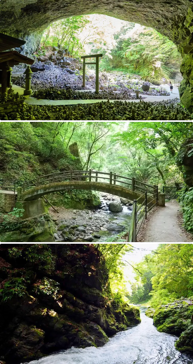 Amanogawara sacred cave shrine surrounded by stacked stones in Takachiho